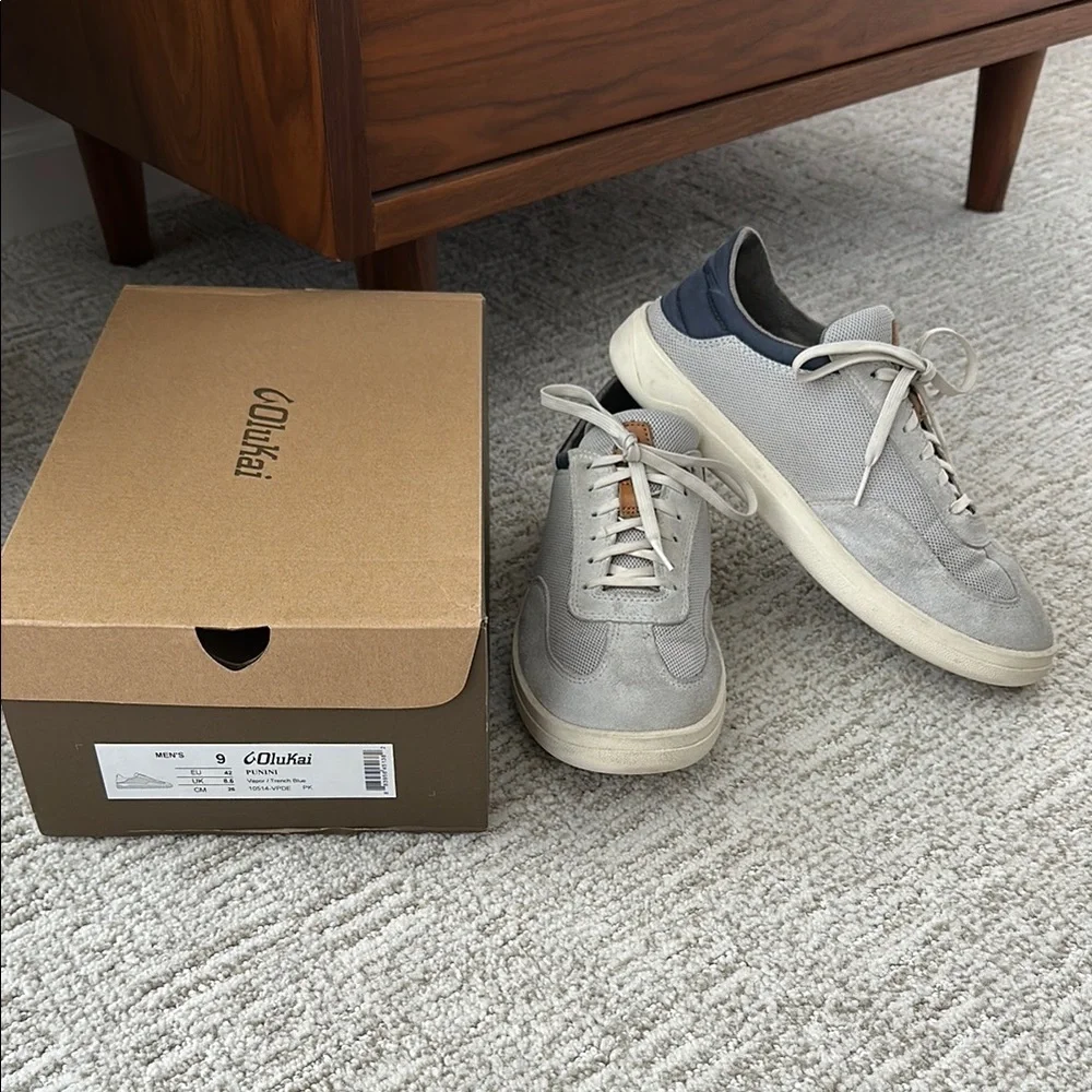 Olukai Punini Men's Casual Lace-Up Sneakers in Vapor/Trench Blue.